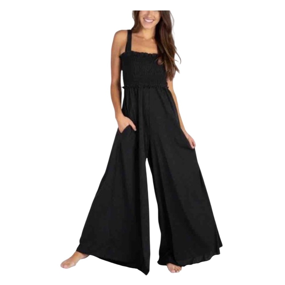 Natural Life Womens Smocked Wide Leg Jumpsuit Charcoal Gray L/XL Tank Pockets